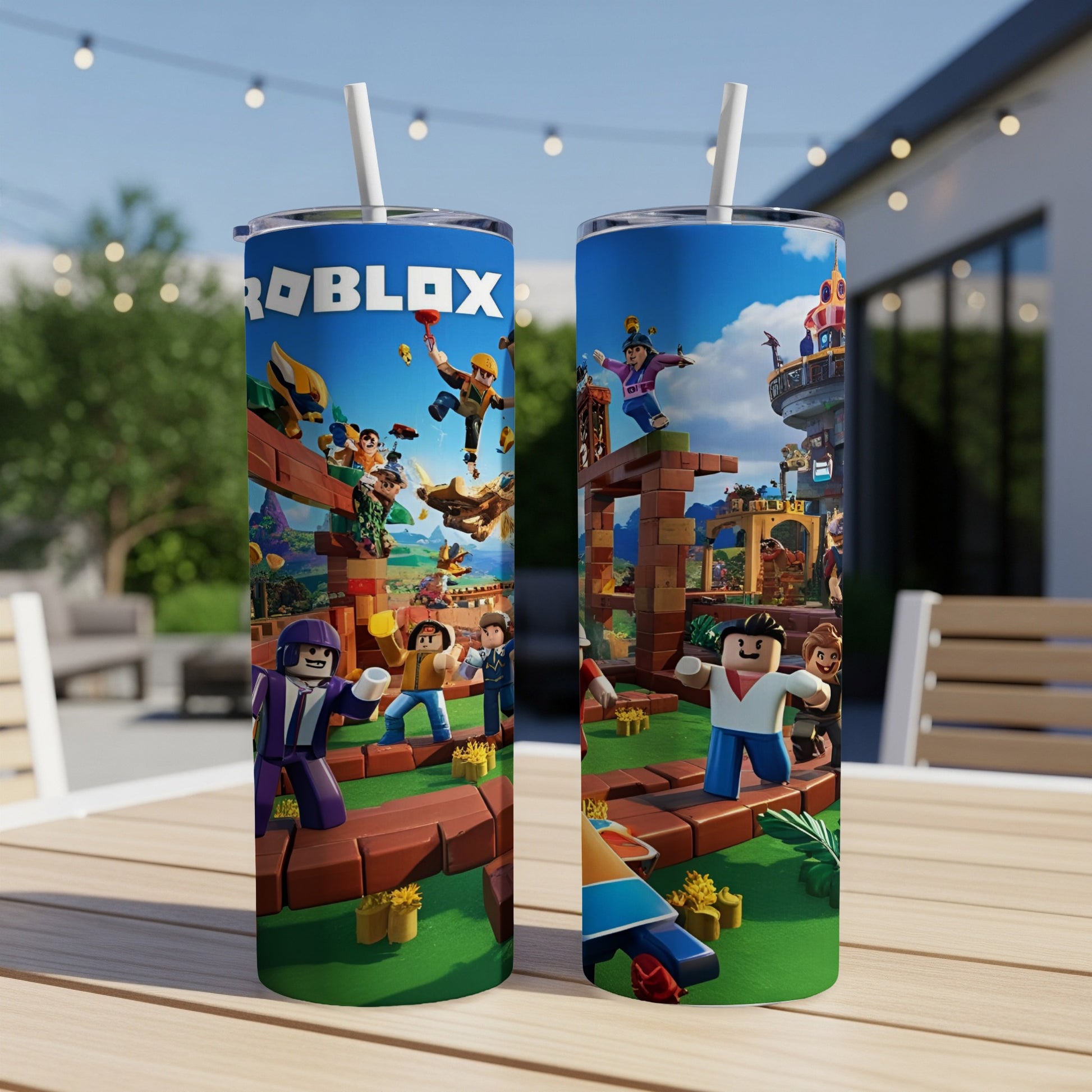Roblox characters and parkour structures on a blue tumbler with a straw.