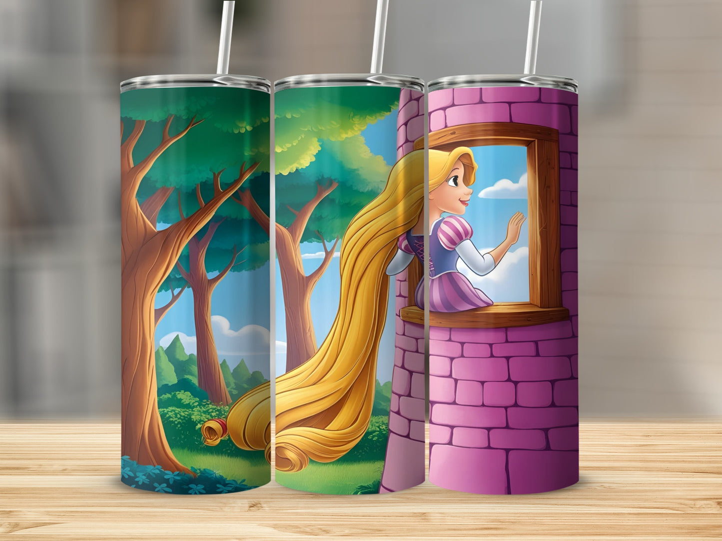 Rapunzel's long blonde hair spills from a castle tower window onto a forest background.