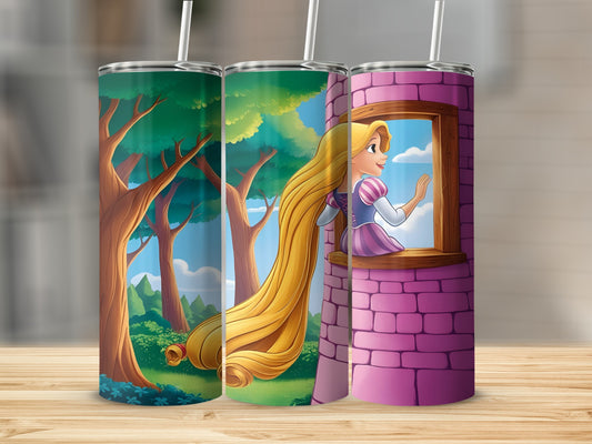 Rapunzel's long blonde hair spills from a castle tower window onto a forest background.