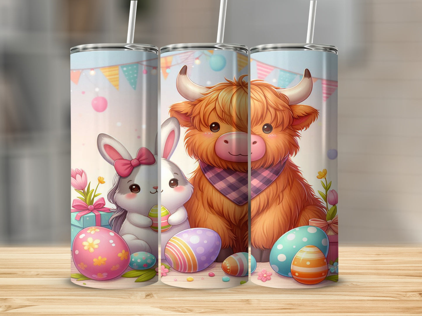 Highland cow and bunny with Easter eggs, pastel balloons, and pennant banner.