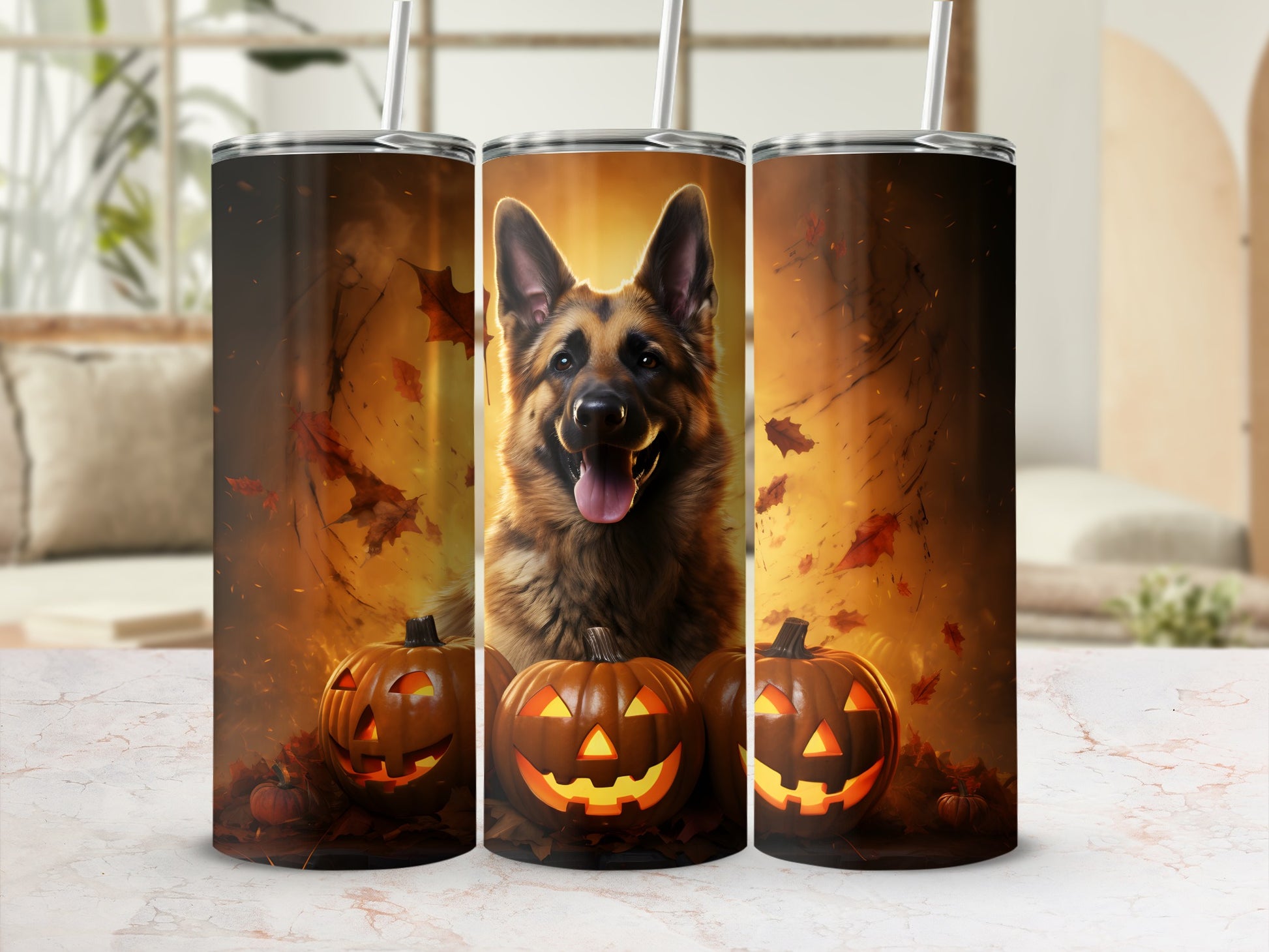 German Shepherd and pumpkins on tumblers with autumn leaves and warm glow.