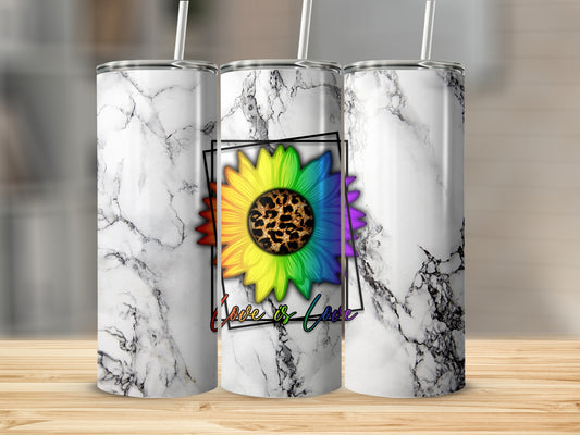 Marble tumbler with rainbow sunflower and "Love is Love" text.