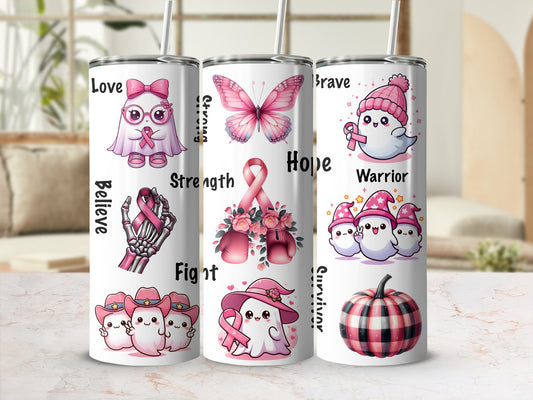 Pink ribbon, butterfly, and inspiring words surround cute ghost characters on three tumblers.