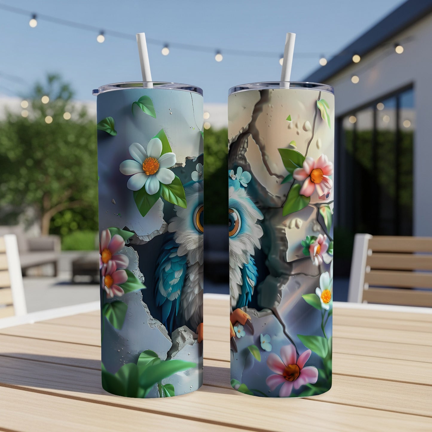 Two tumblers with cracked grey and blue abstract design, featuring a cartoon owl and flowers.