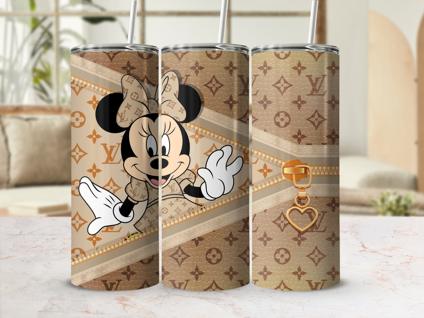Minnie Mouse on monogrammed tumbler with gold zipper and heart charm.