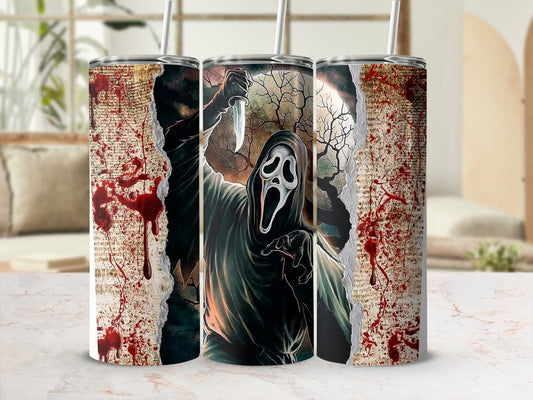Three tumblers with ghost face killer design, bloody paper, and ripped edges.