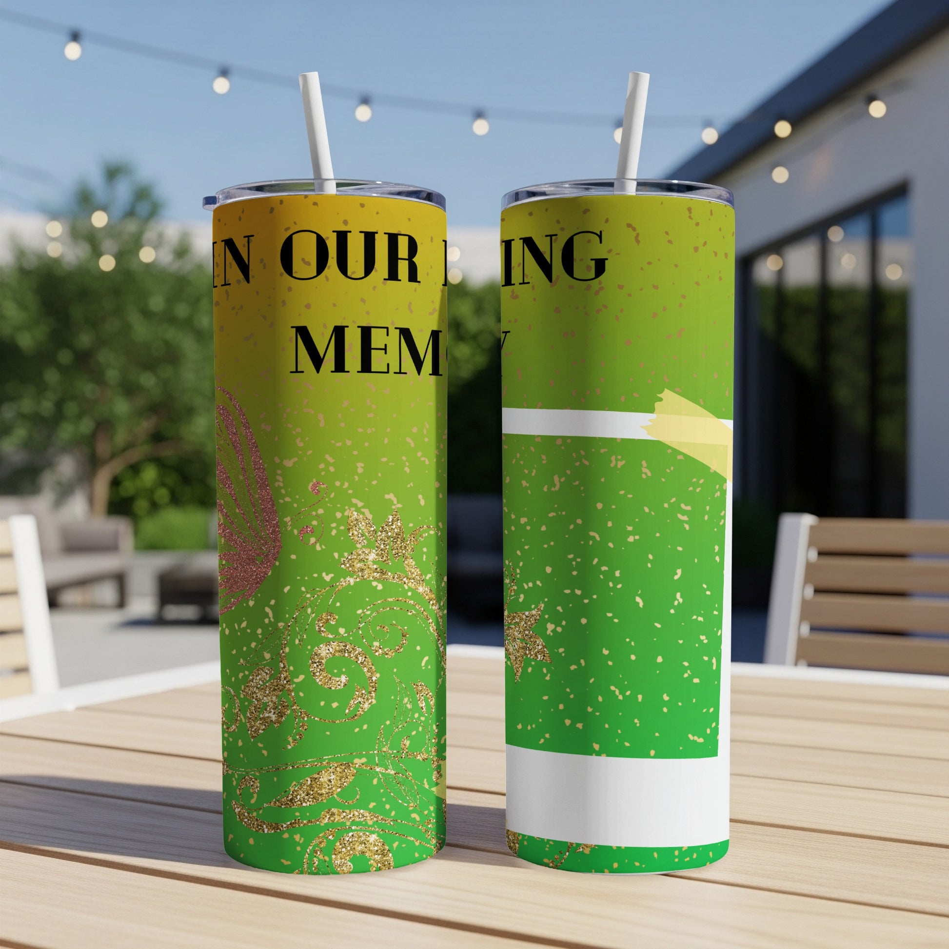 Two tumblers with glitter design and "IN OUR LOVING MEMORY" text.