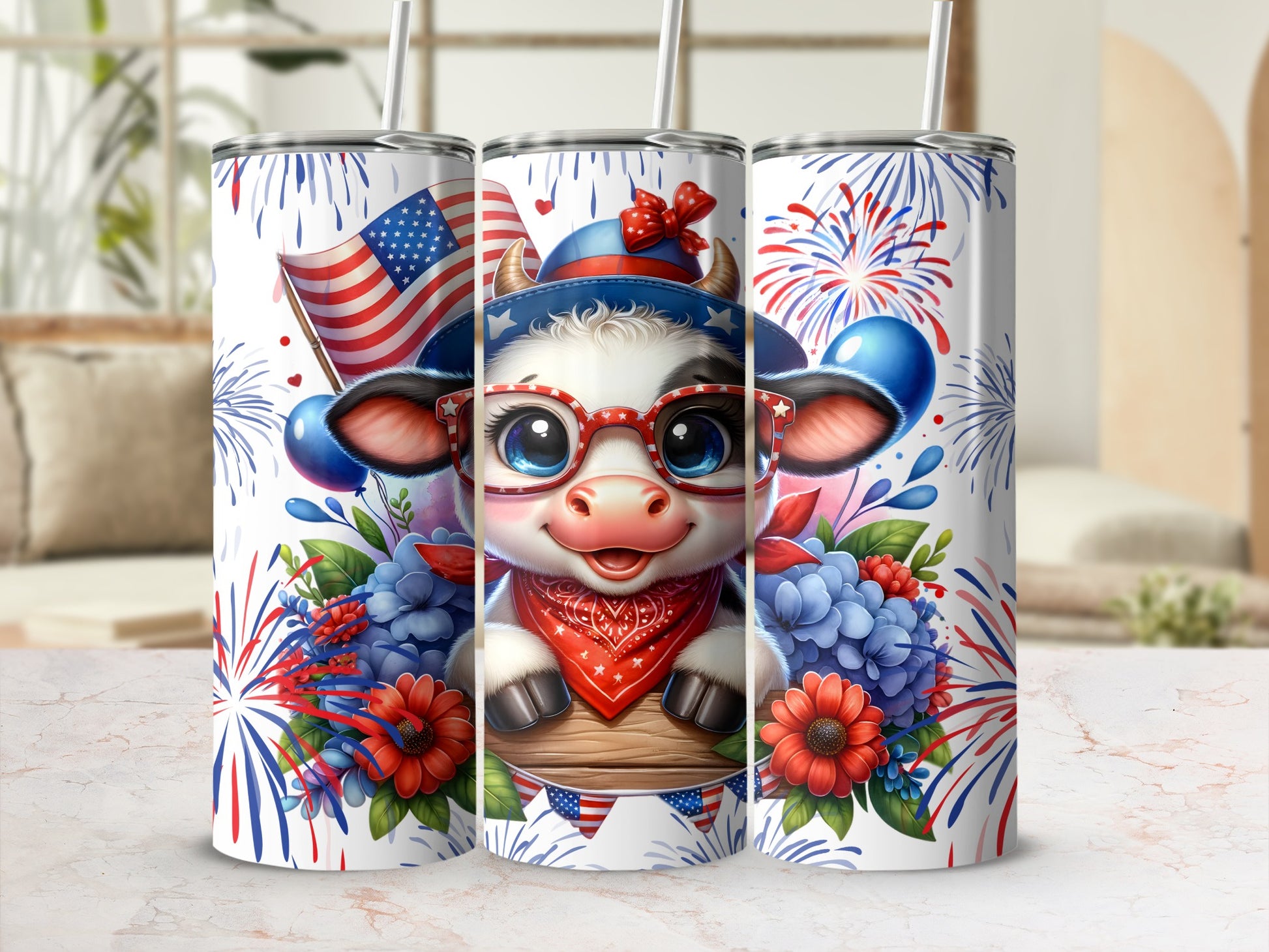 Cartoon cow wearing glasses and bandana with American flag and fireworks.