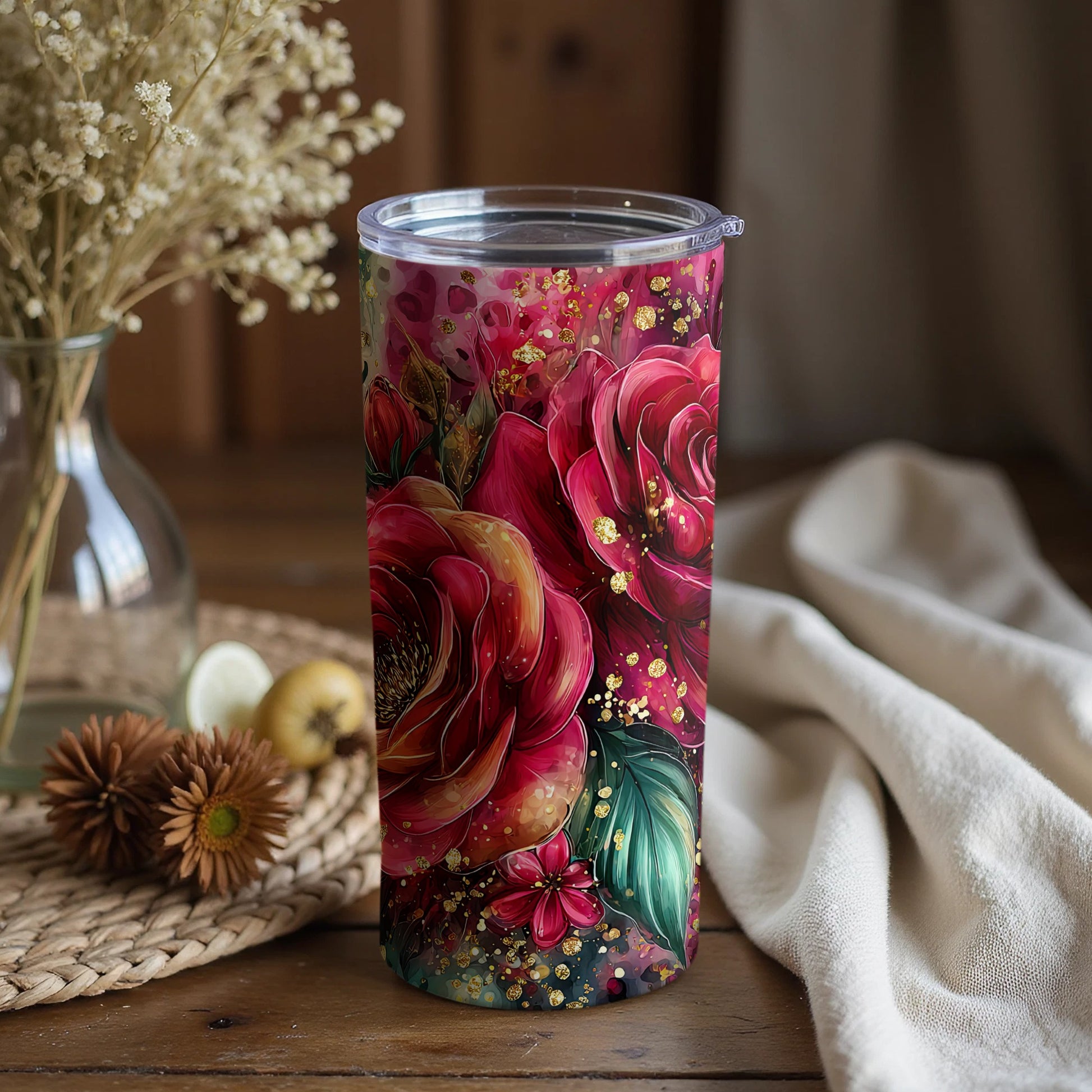 Elegant Floral Design Travel Tumbler with Lid