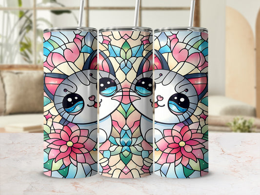 Three colorful tumblers with a stained-glass cat and floral design.