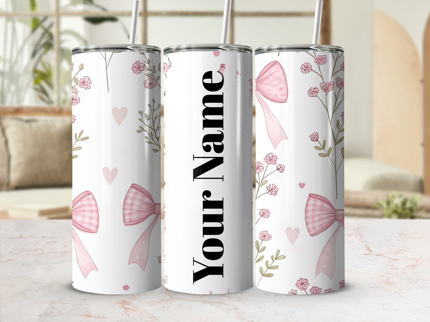 Personalized Floral Bow and Heart Design Tumbler Cup