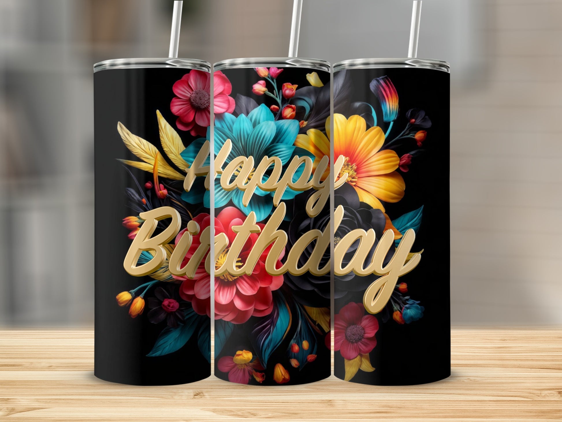 Black tumbler with "Happy Birthday" surrounded by colorful flowers.