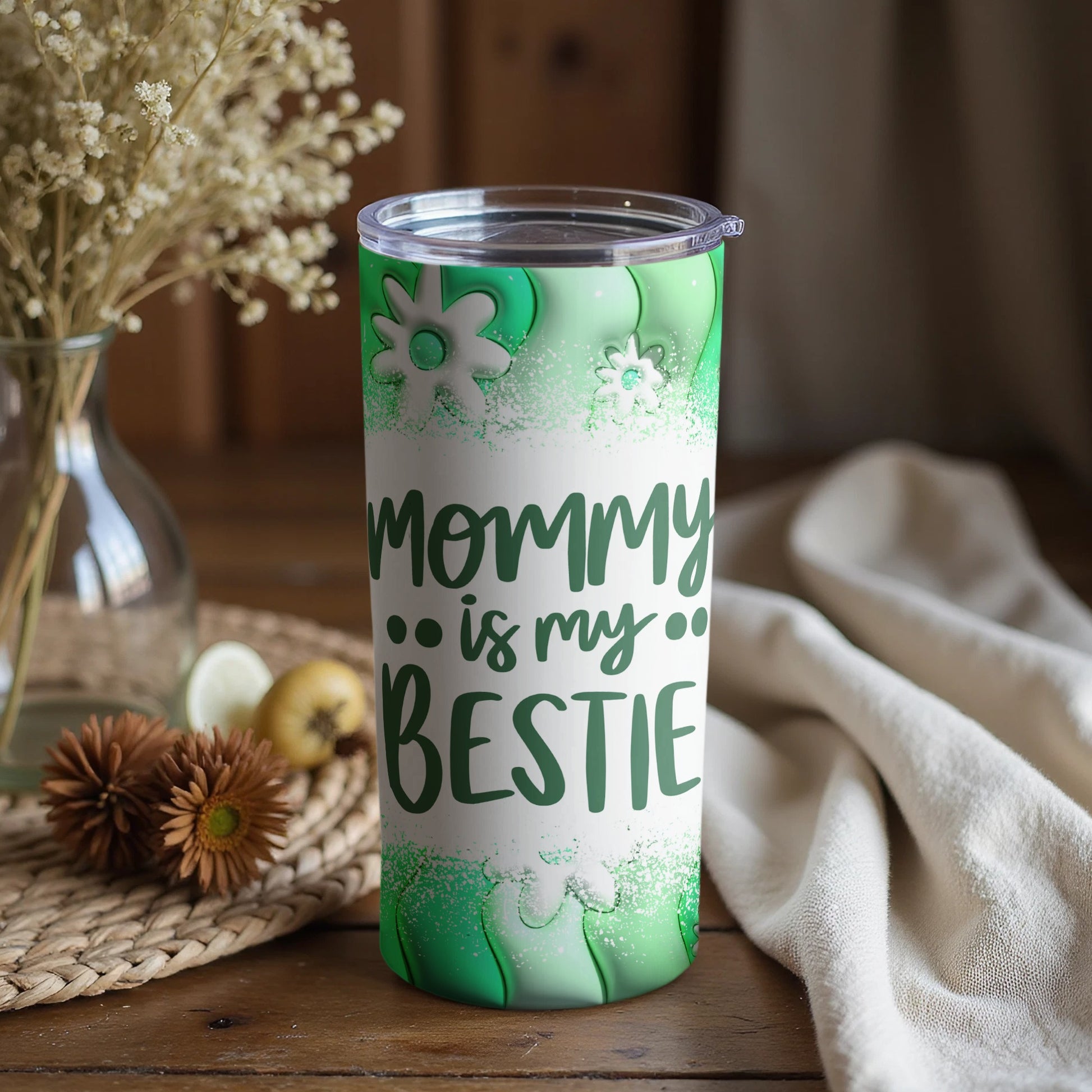 Mommy Is My Bestie Green Floral Tumbler Cup