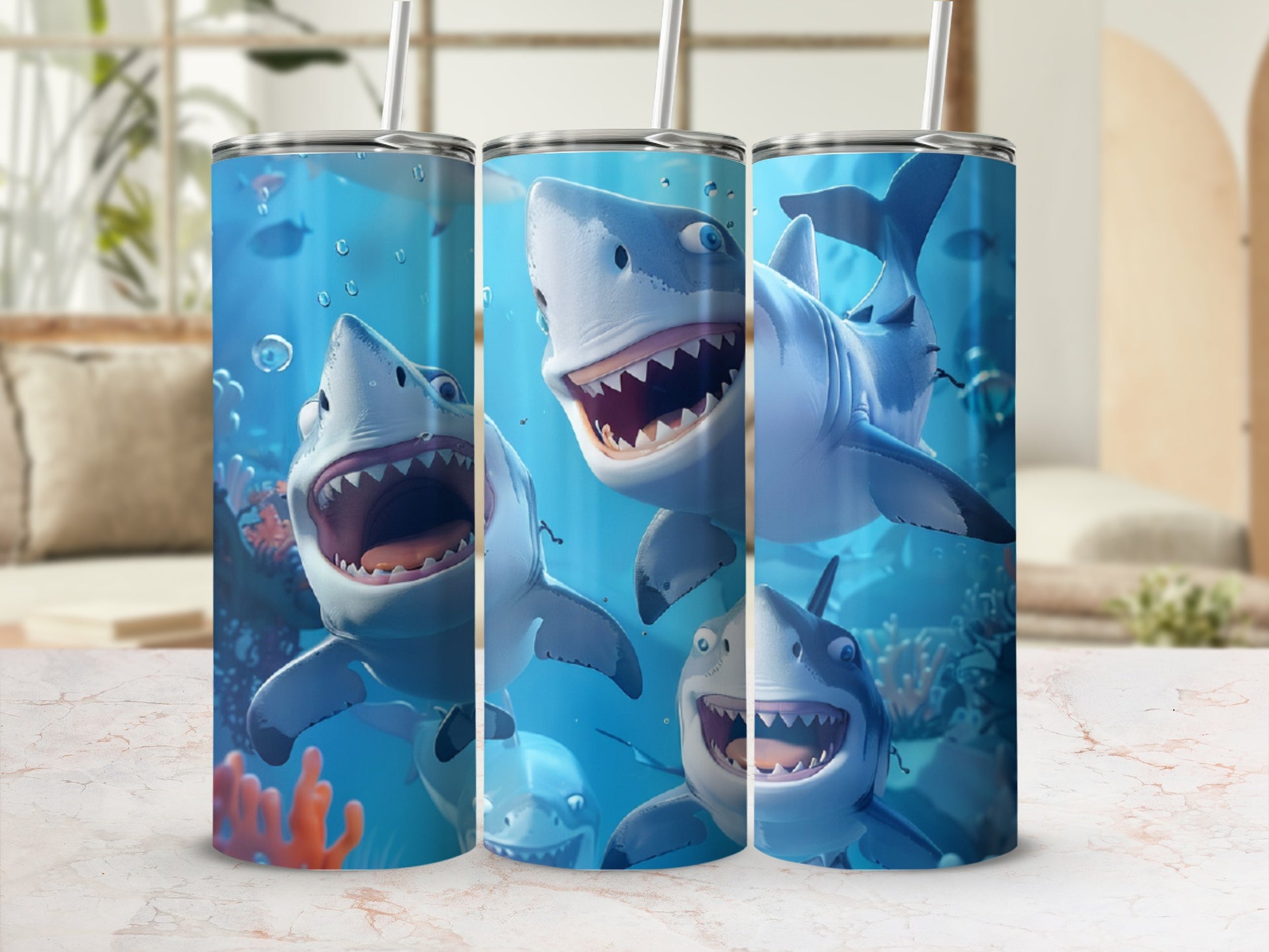 Three cartoon sharks with open mouths and straws on tumblers.