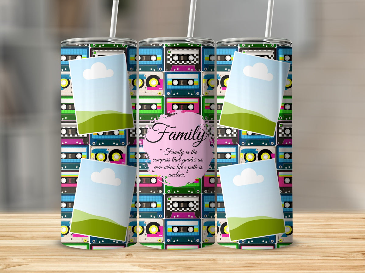 Tumbler with cassette tape pattern, photo frames, and the quote "Family is the compass".