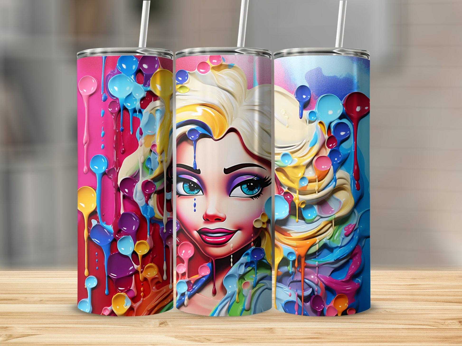 Colorful Abstract Art Dripping Paint Tumbler Set