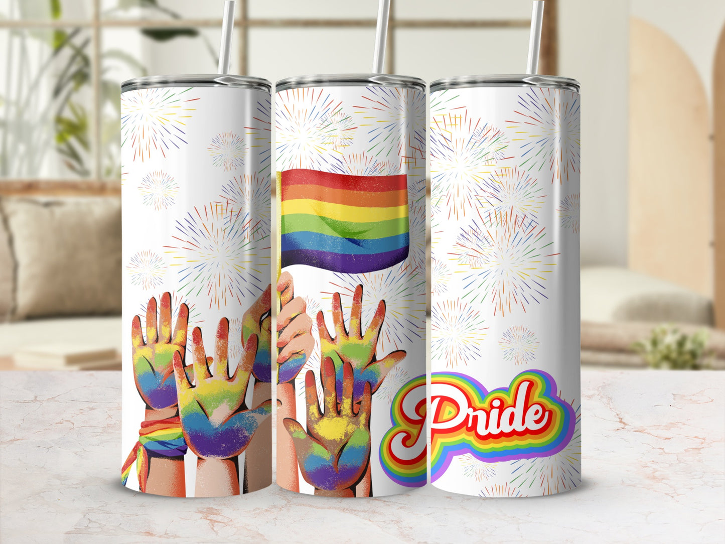 Three tumblers with rainbow hands and "Pride" text, set against a blurred background.
