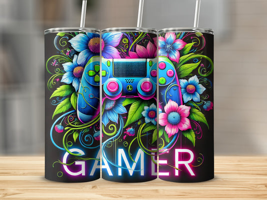 Tumbler with floral-decorated video game controller and "GAMER" text.
