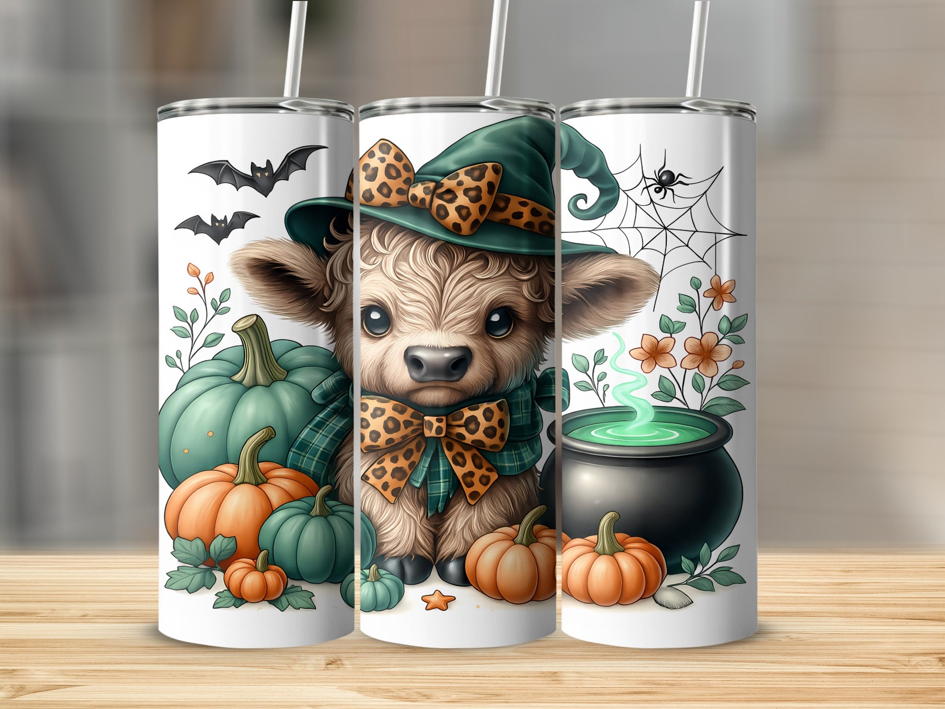 Halloween Highland cow in witch hat with pumpkins, bats, spider web, and cauldron.