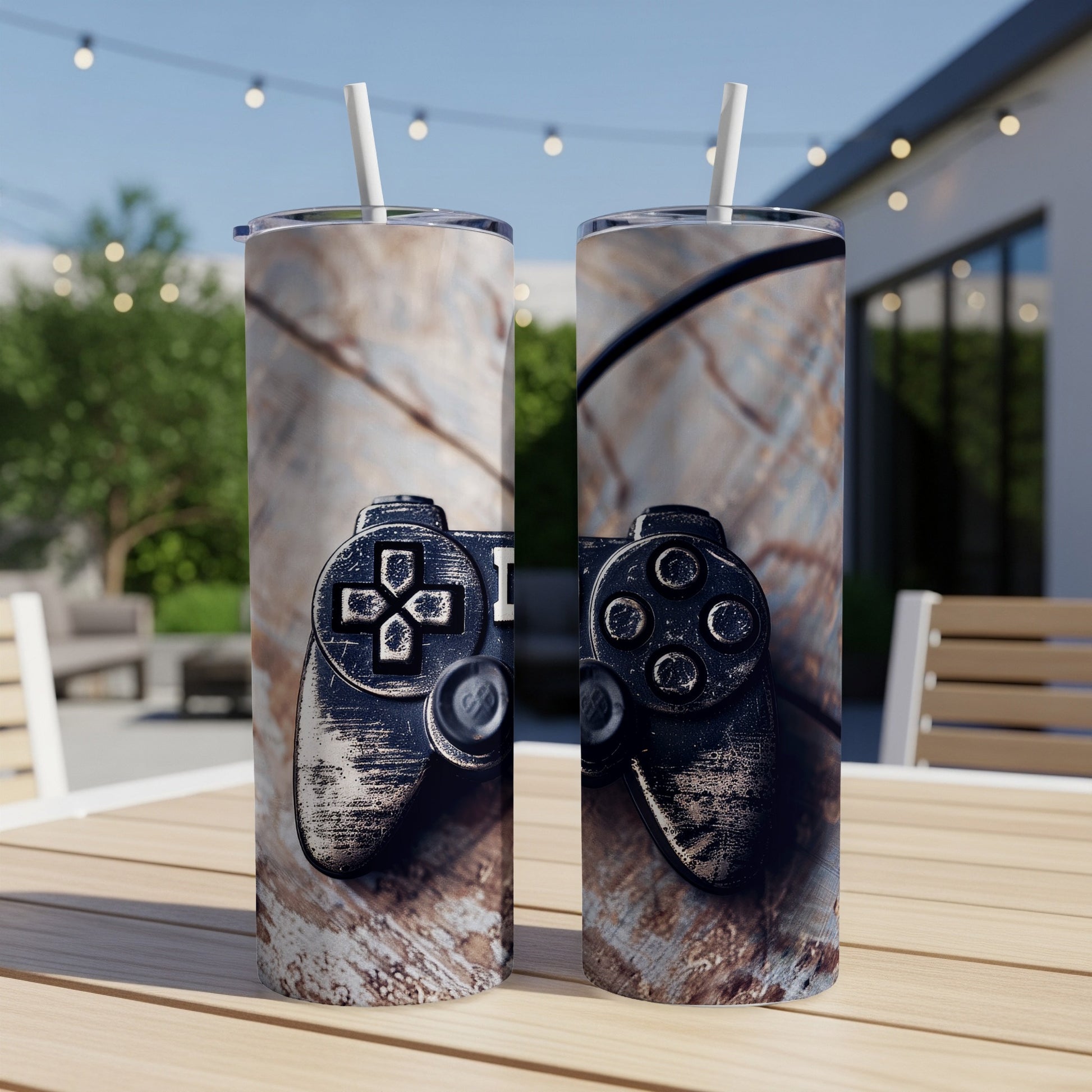 Distressed video game controller on wood grain background with straw.