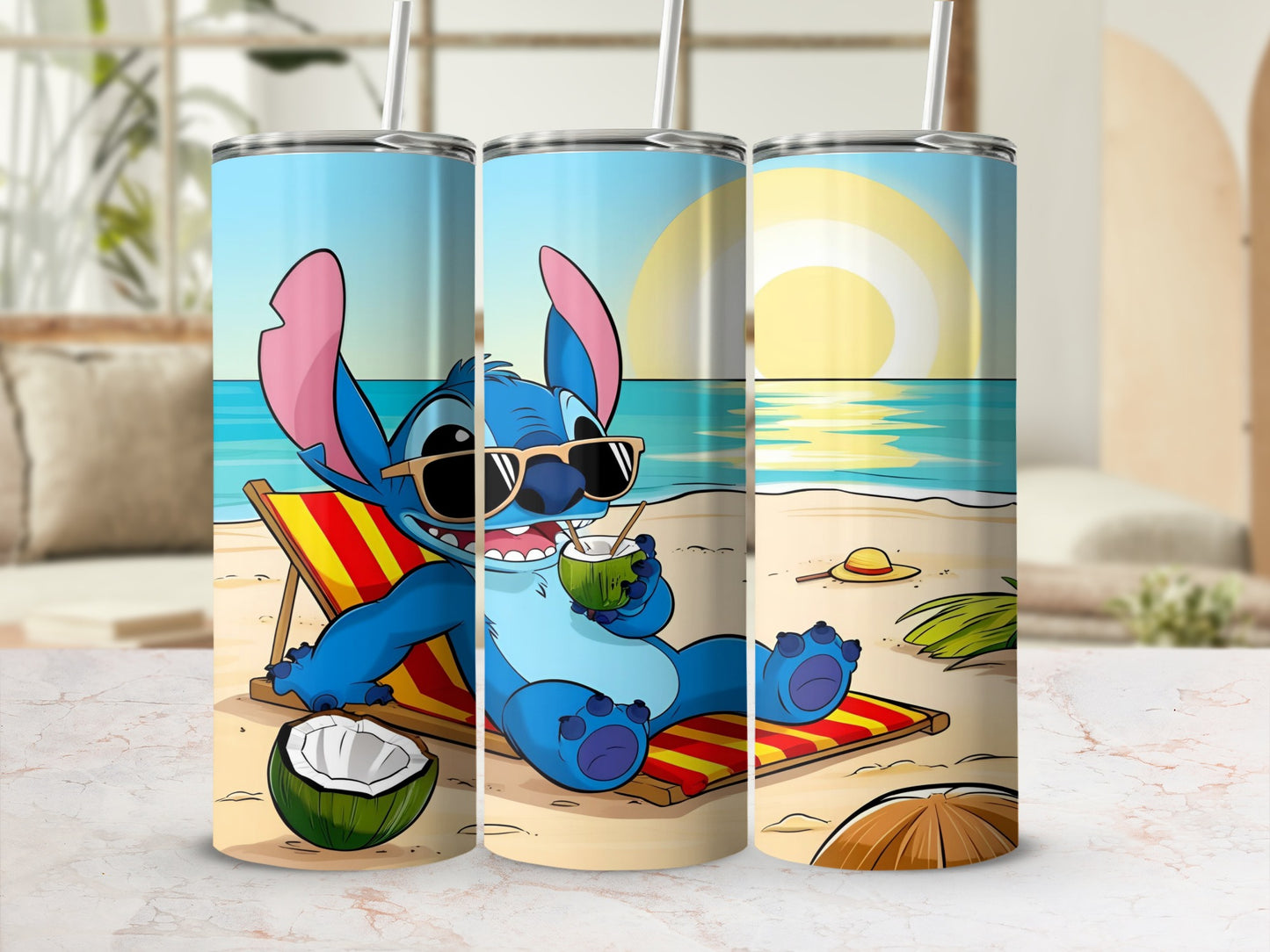 Stitch wearing sunglasses, drinking coconut water on a beach chair.