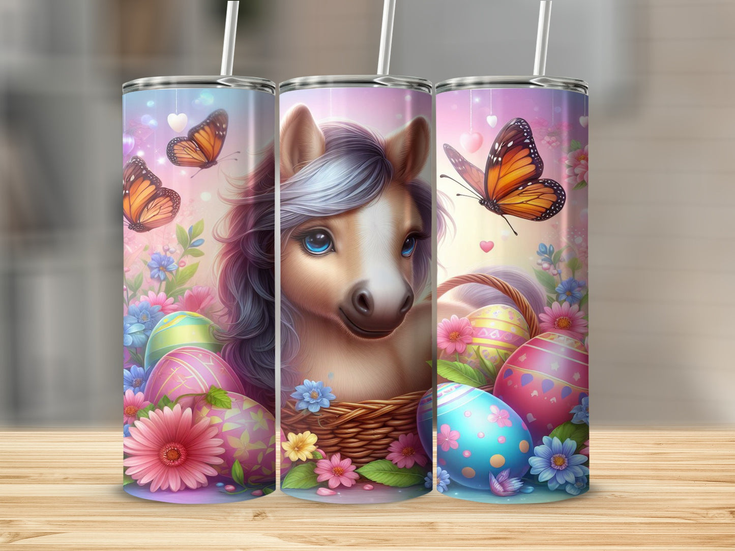 Horse and Easter eggs with butterflies, pink flowers, and pastel colors.