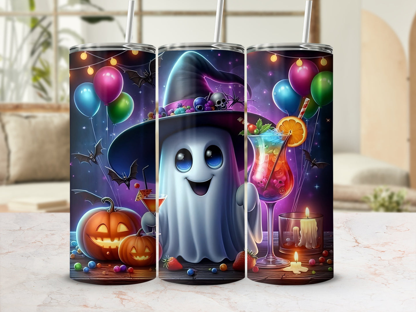 Halloween tumblers with a smiling ghost, pumpkins, bats, balloons, and cocktails.