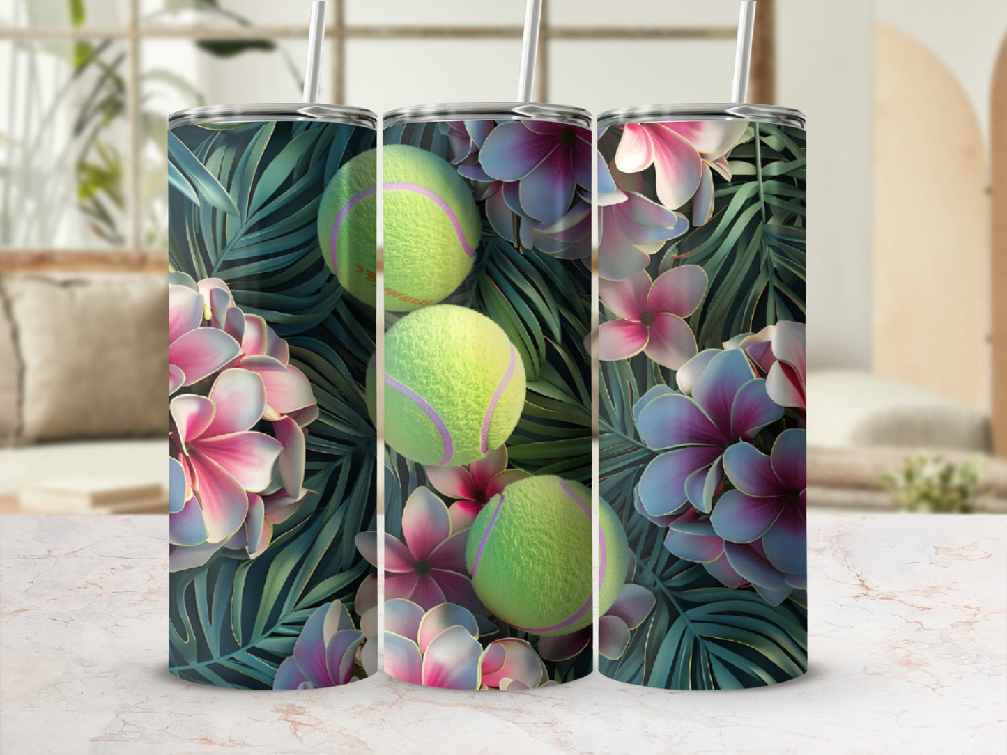 Tennis balls and tropical flowers on a patterned tumbler.