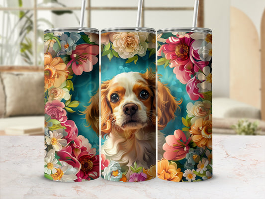 Dog surrounded by colorful flowers in a triptych of tumblers.