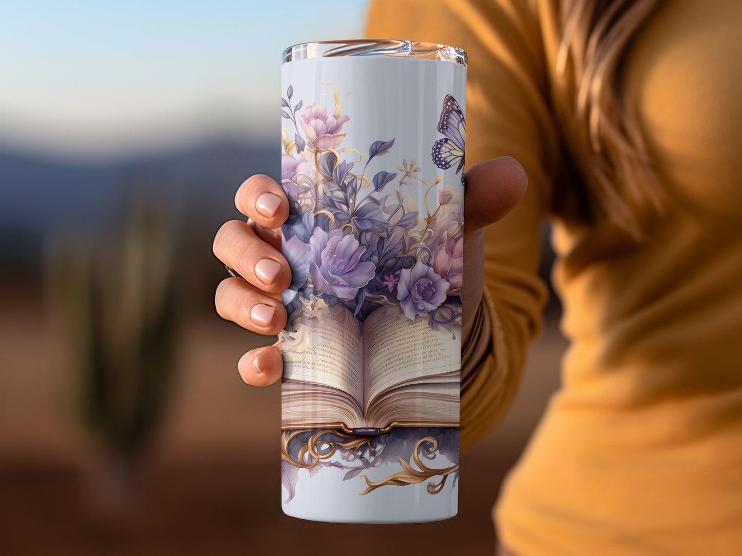 Floral Book Design Tumbler with Butterfly Art