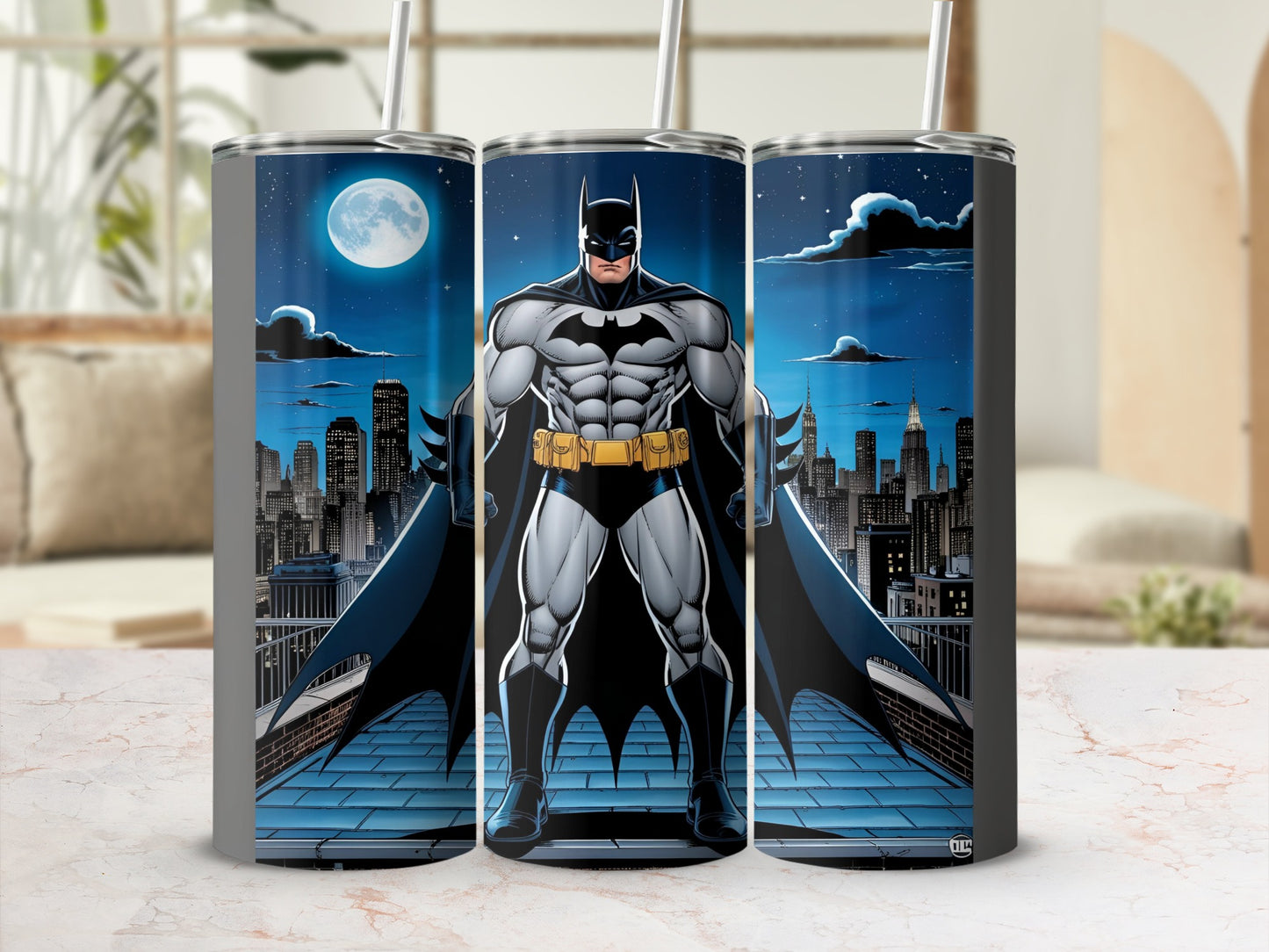 Batman stands on a rooftop overlooking a city skyline under a full moon.