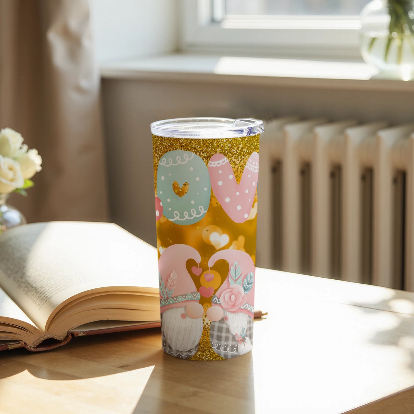 Cute Gnomes Love Graphic Tumbler with Glitter Design