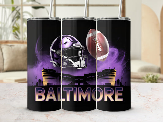 Baltimore Ravens football helmet and ball on stadium background.