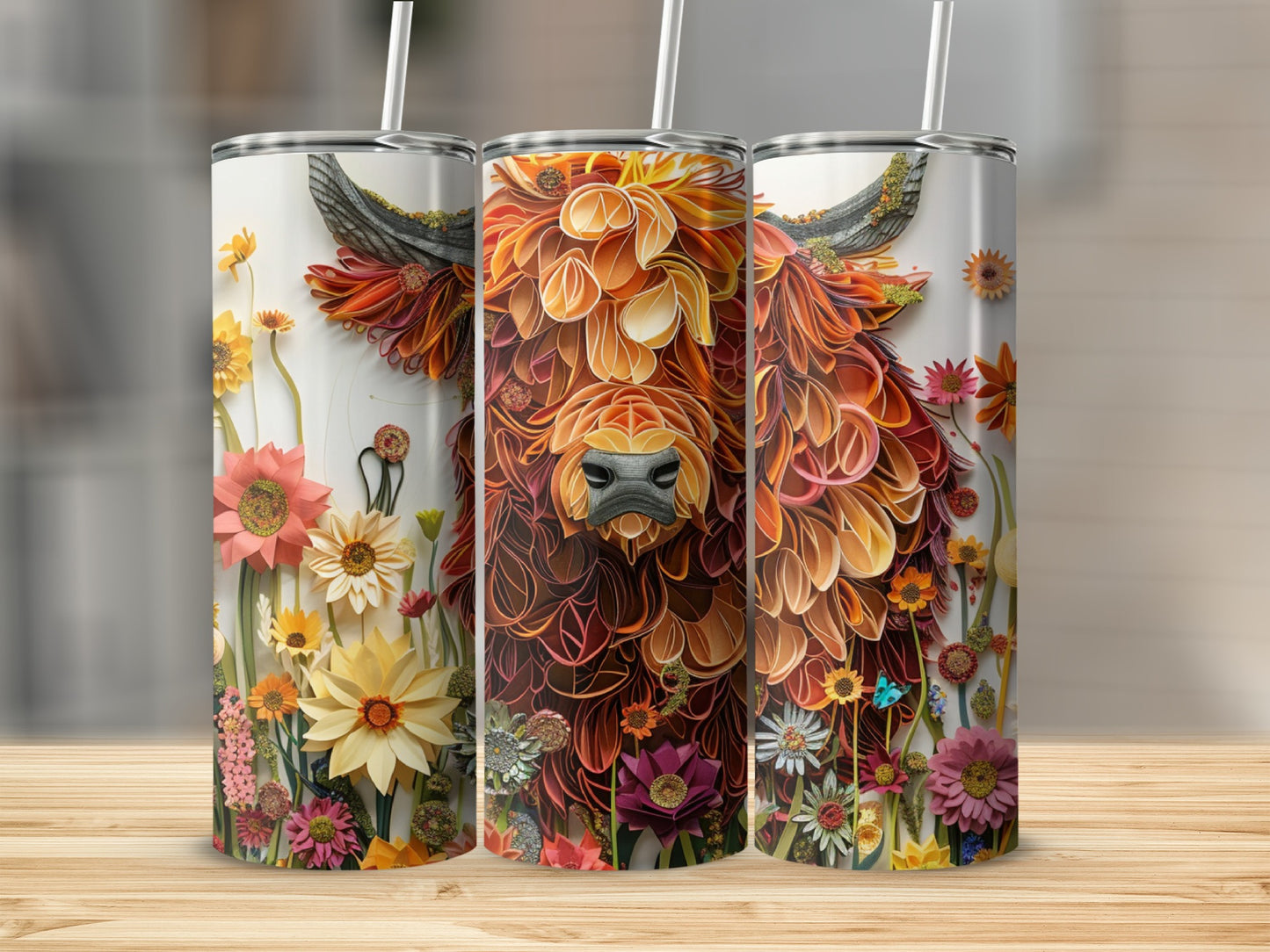 Highland cow with floral design on three tumblers.