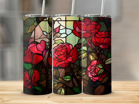 Three tumblers with a red rose and stained glass design.