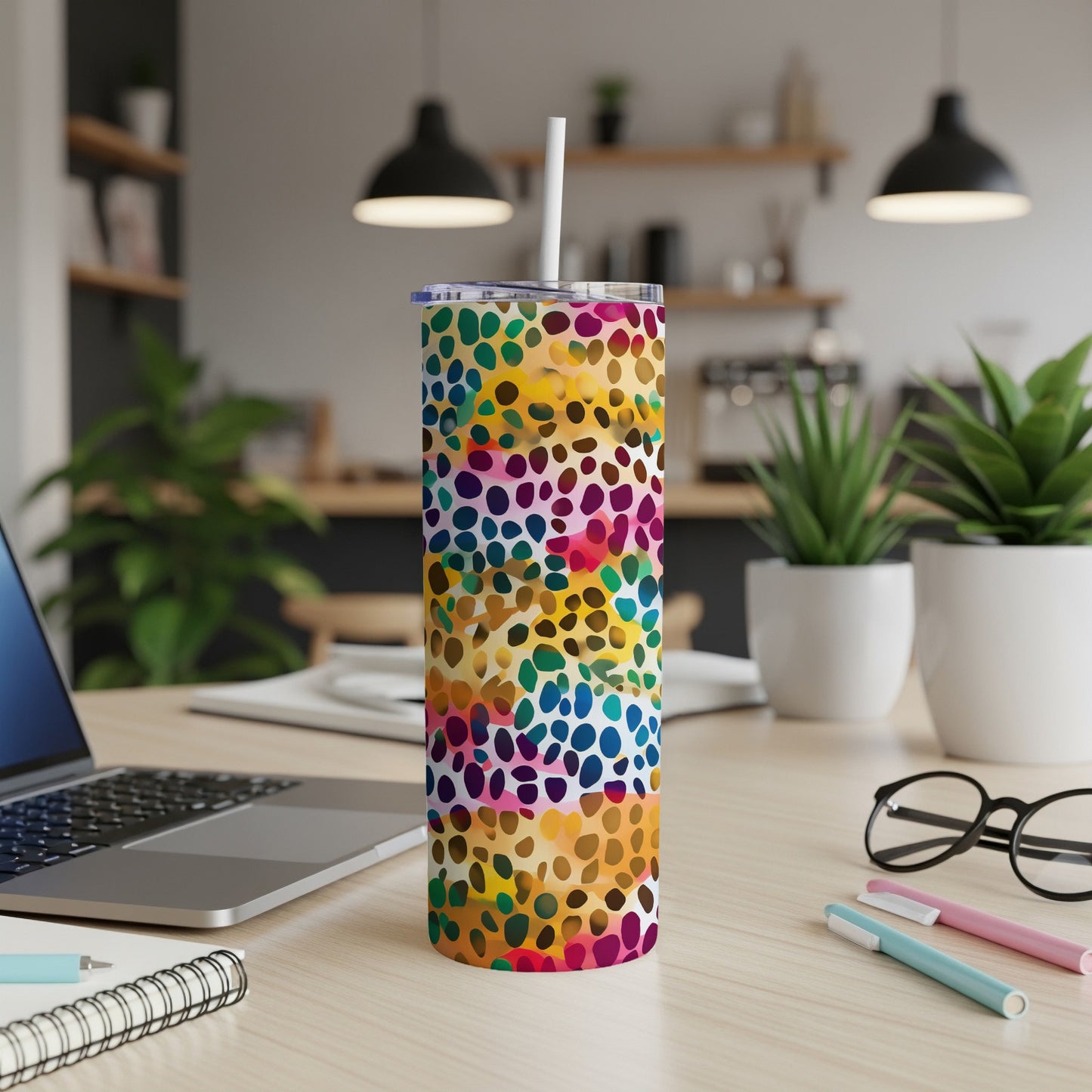 Colorful speckled tumbler with a white straw on a desk.