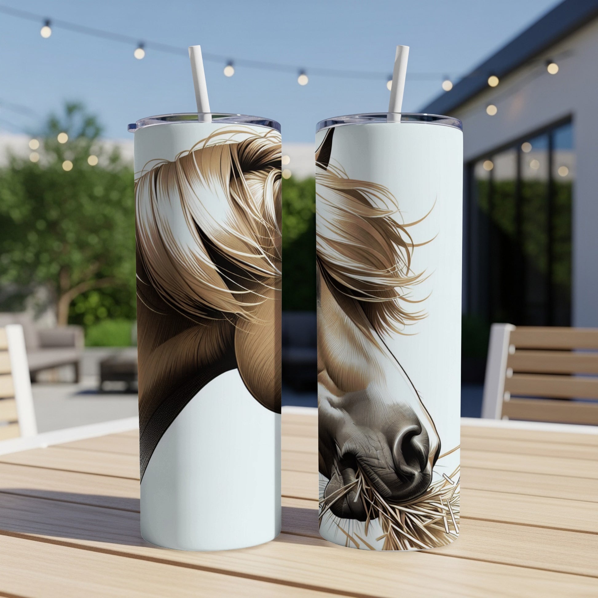 Close-up of horse portrait on two white tumblers with straws on a wooden table.