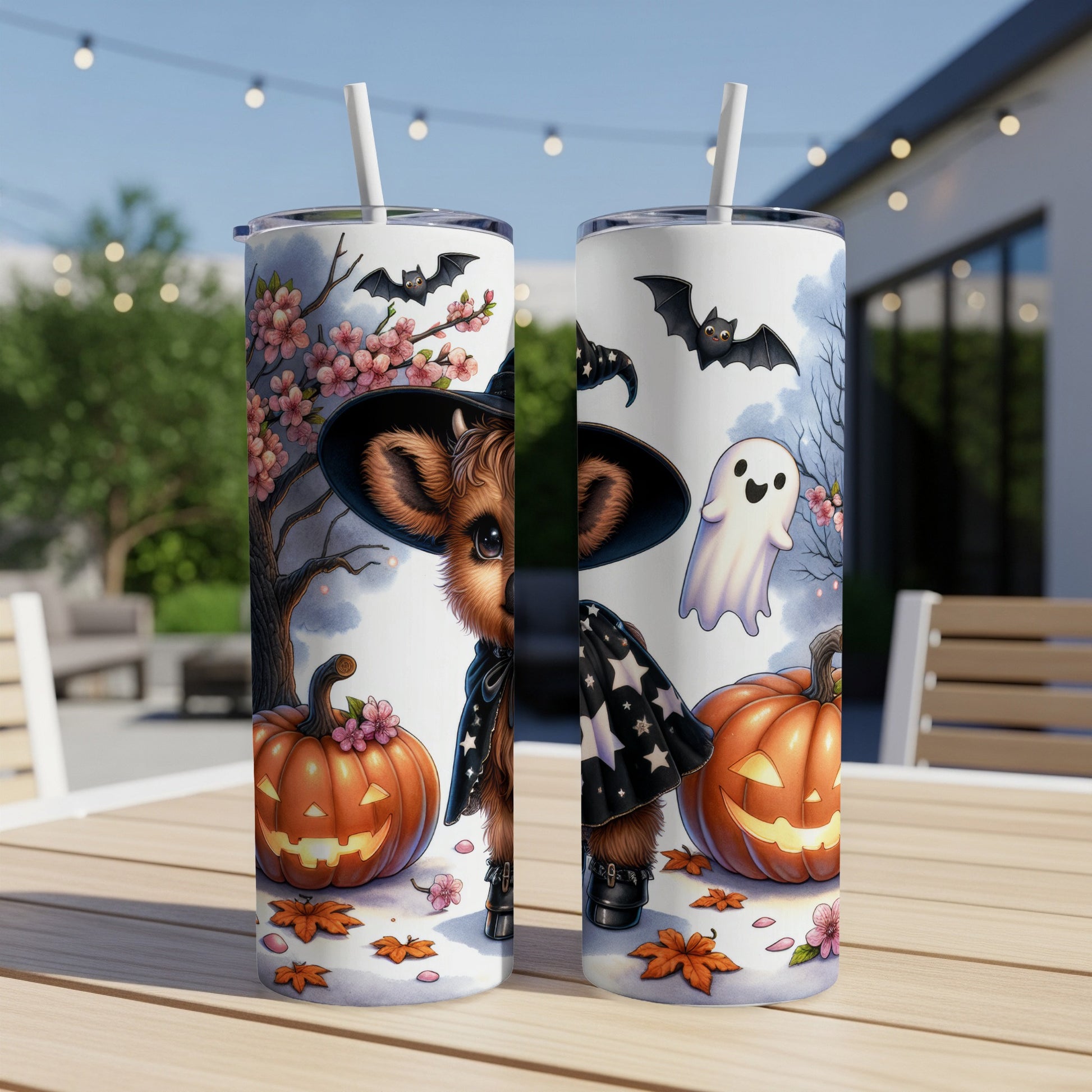Halloween tumbler with witchy dog, pumpkins, bats, and ghosts.