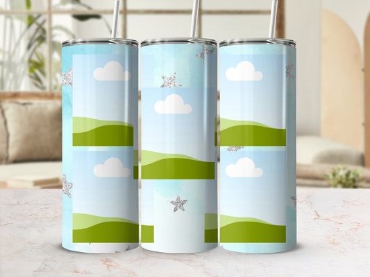 Three tumblers with a pastel sky, green hills, clouds, and glitter stars design.