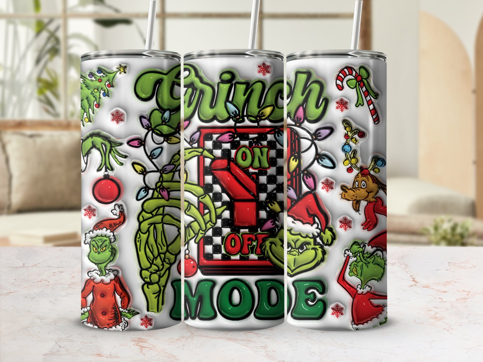 Grinch On Off Mode Design Christmas Themed Tumbler