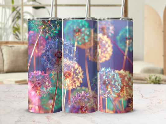 Three tumblers with a colorful dandelion puff design.