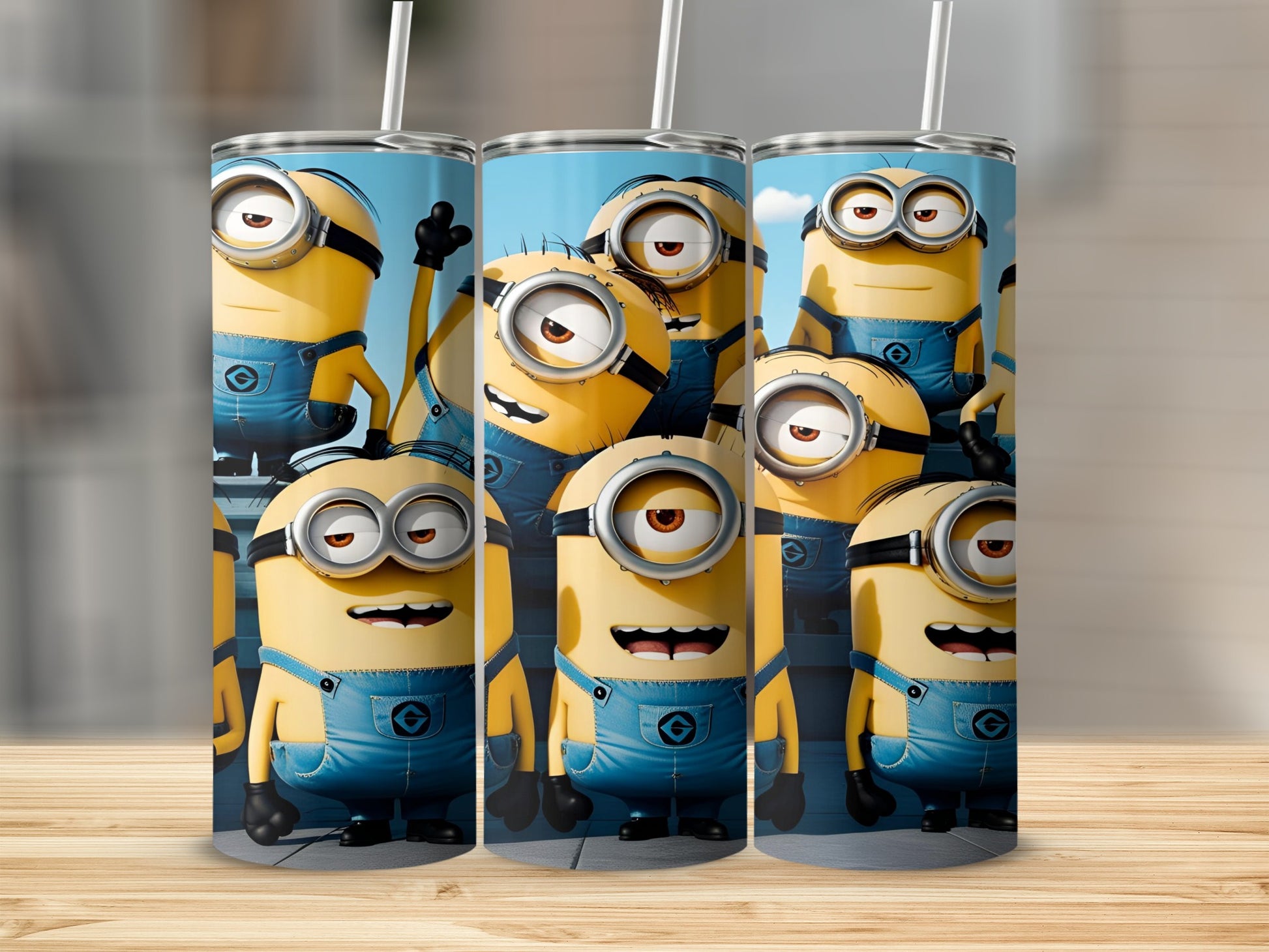 Group of cartoon Minions wearing blue overalls and yellow shirts.