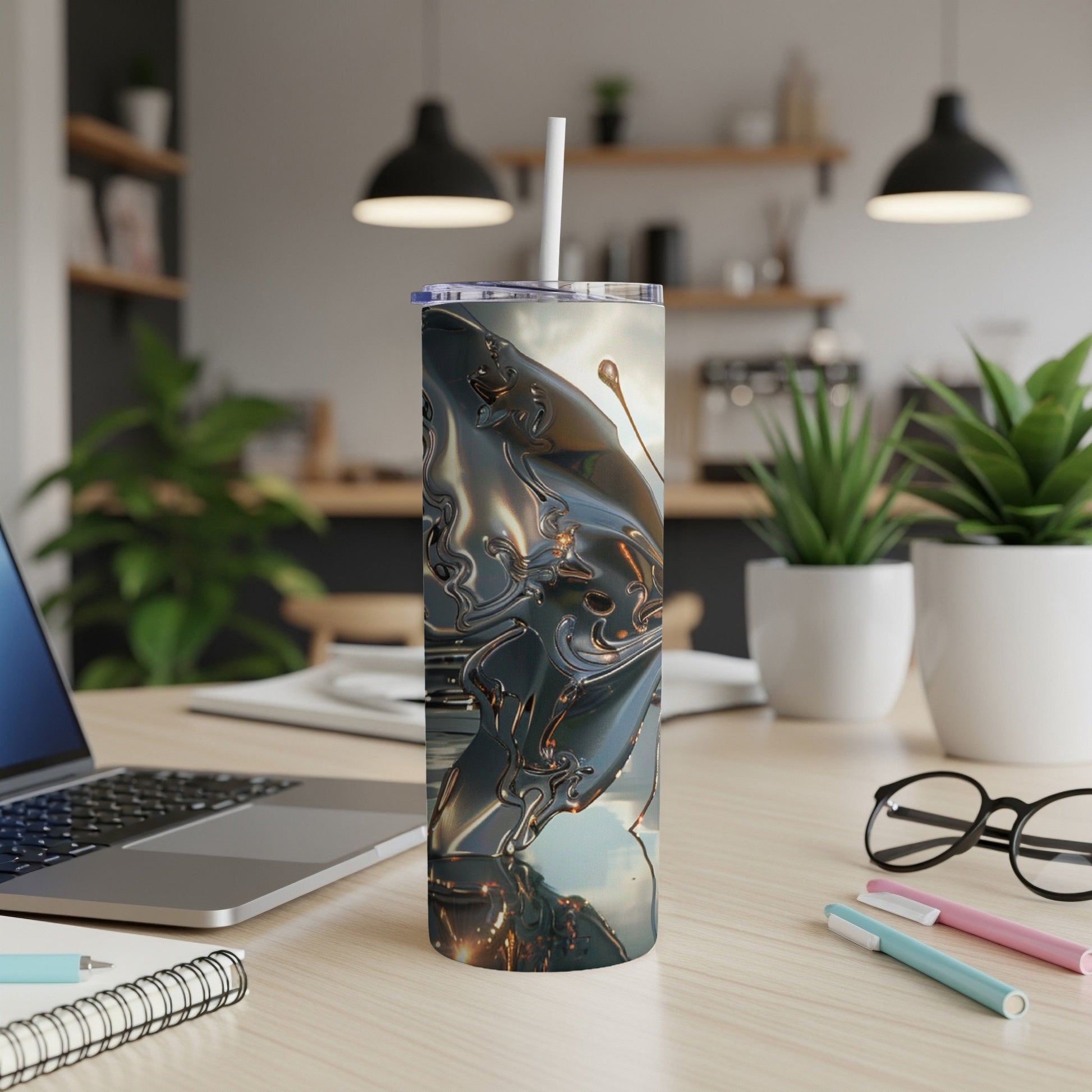 Silver abstract butterfly design on a white tumbler with a straw.