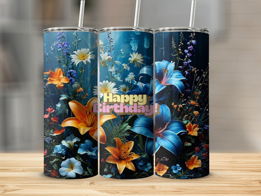 Three tumblers with a vibrant floral design and "Happy Birthday!" text.