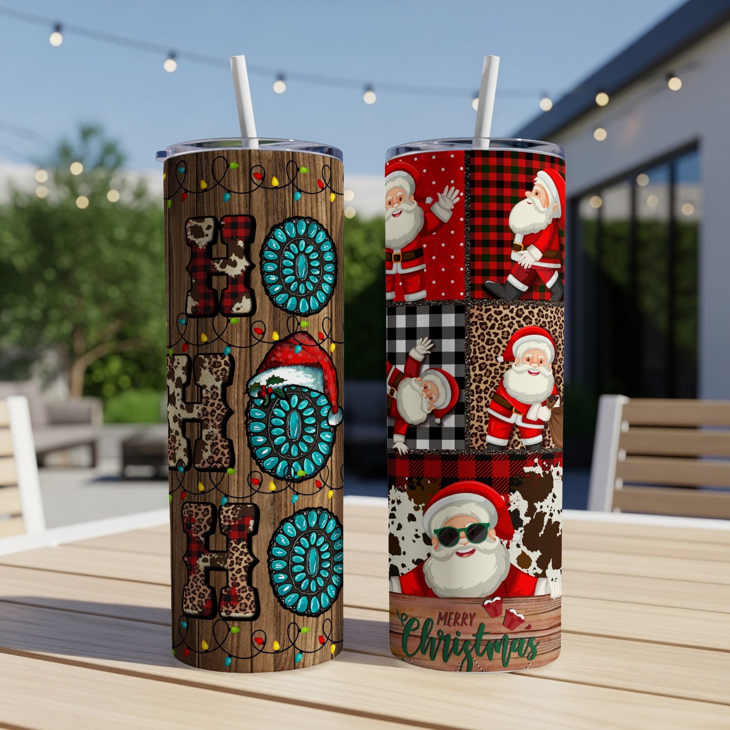 Two Santa-themed tumblers with "HO HO HO" and "Merry Christmas" text.