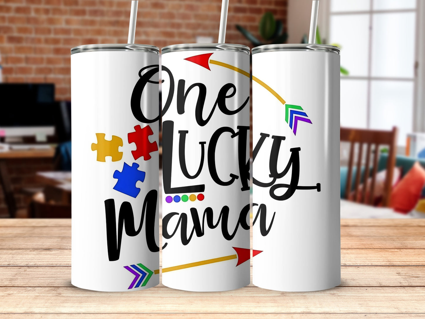 One Lucky Mama Colorful Puzzle Design Tumbler