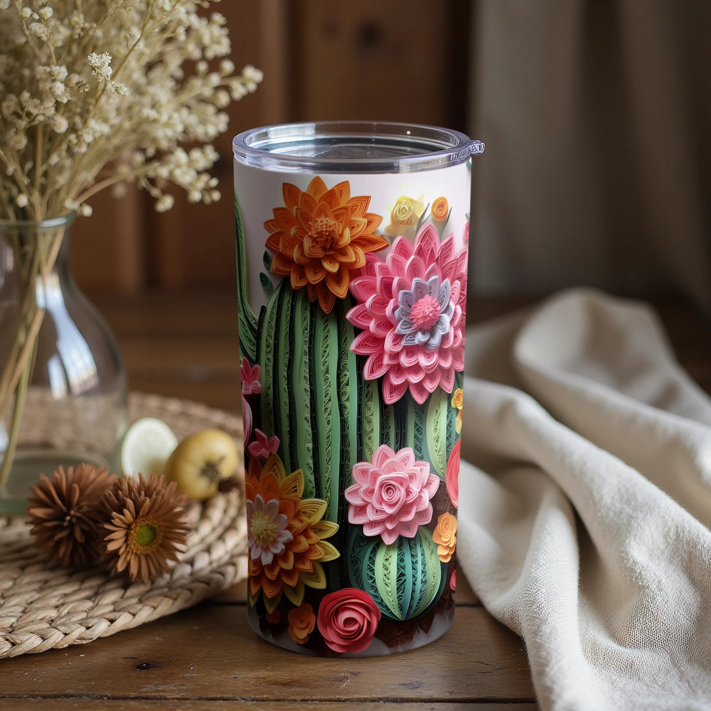 Vibrant Floral Cactus Design Tumbler for Stylish Hydration