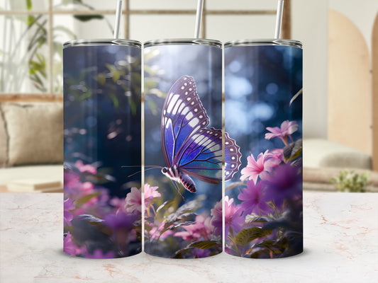 Three tumblers featuring a vibrant blue butterfly among pink flowers.