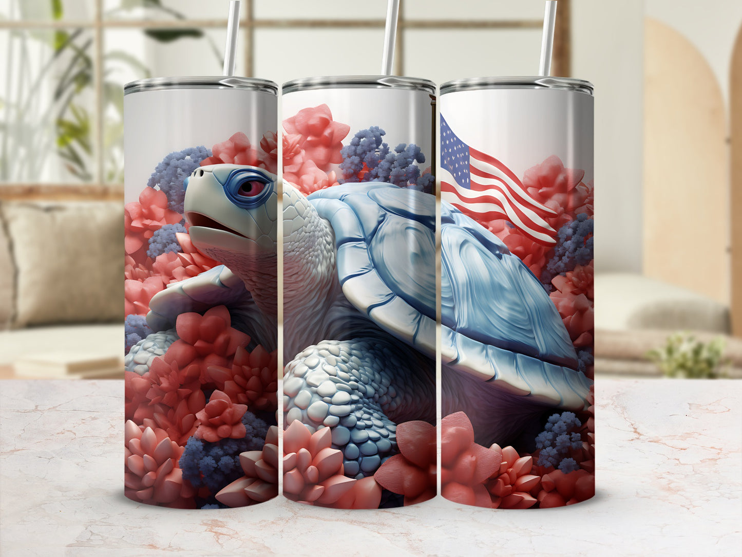 Turtle tumbler with US flag and red and blue floral accents.