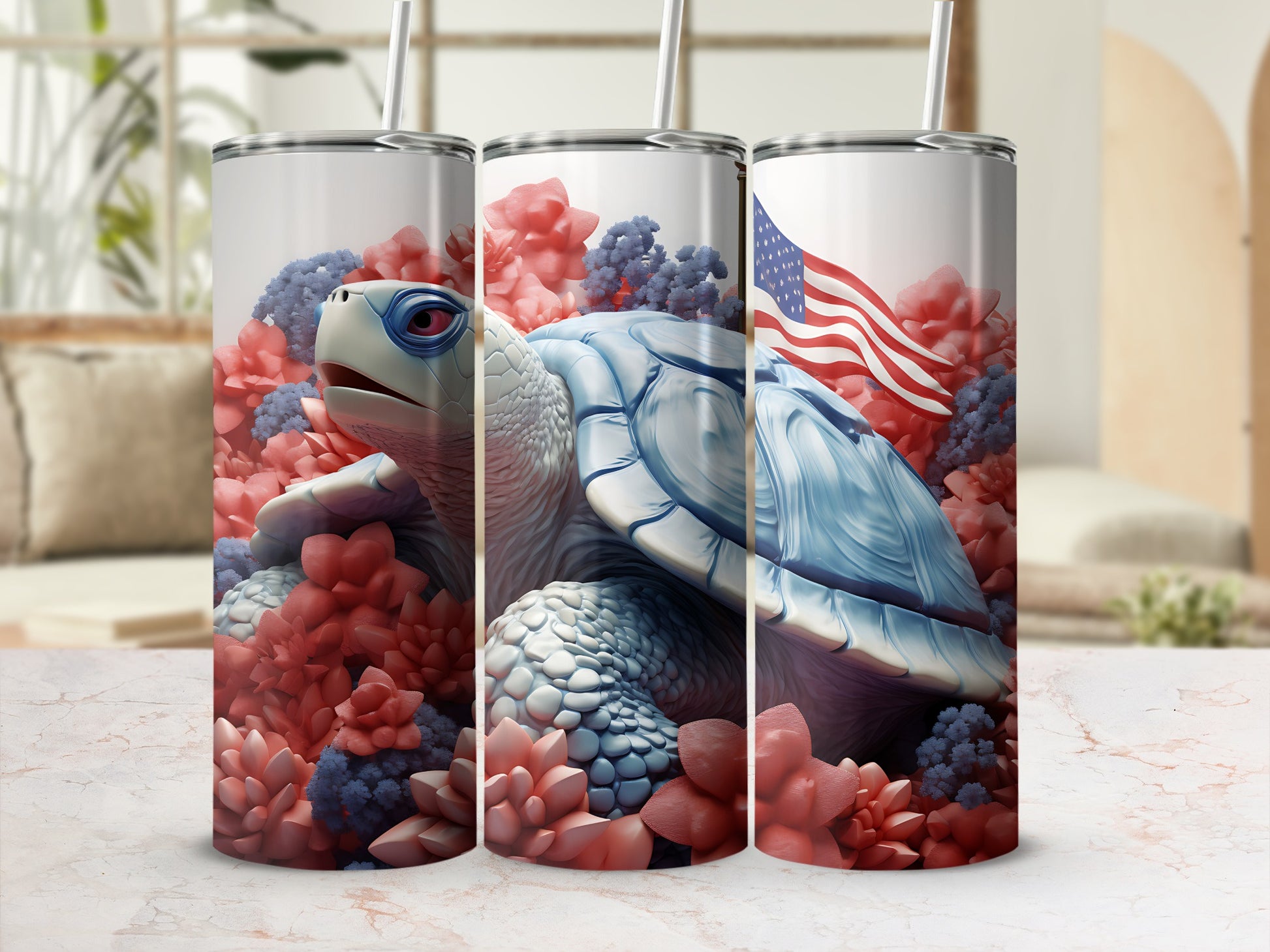 Turtle tumbler with US flag and red and blue floral accents.